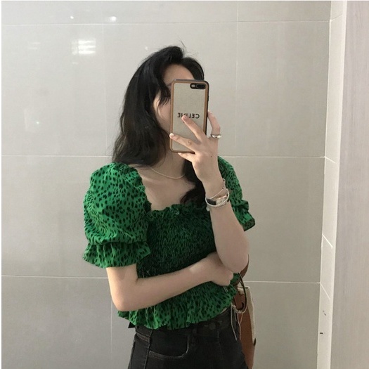 QADCOL Áo Kiểu Tay Phồng Cổ Vuông In Họa Tiết Da Báo Màu Xanh Lá Phong Cách Hàn Quốc