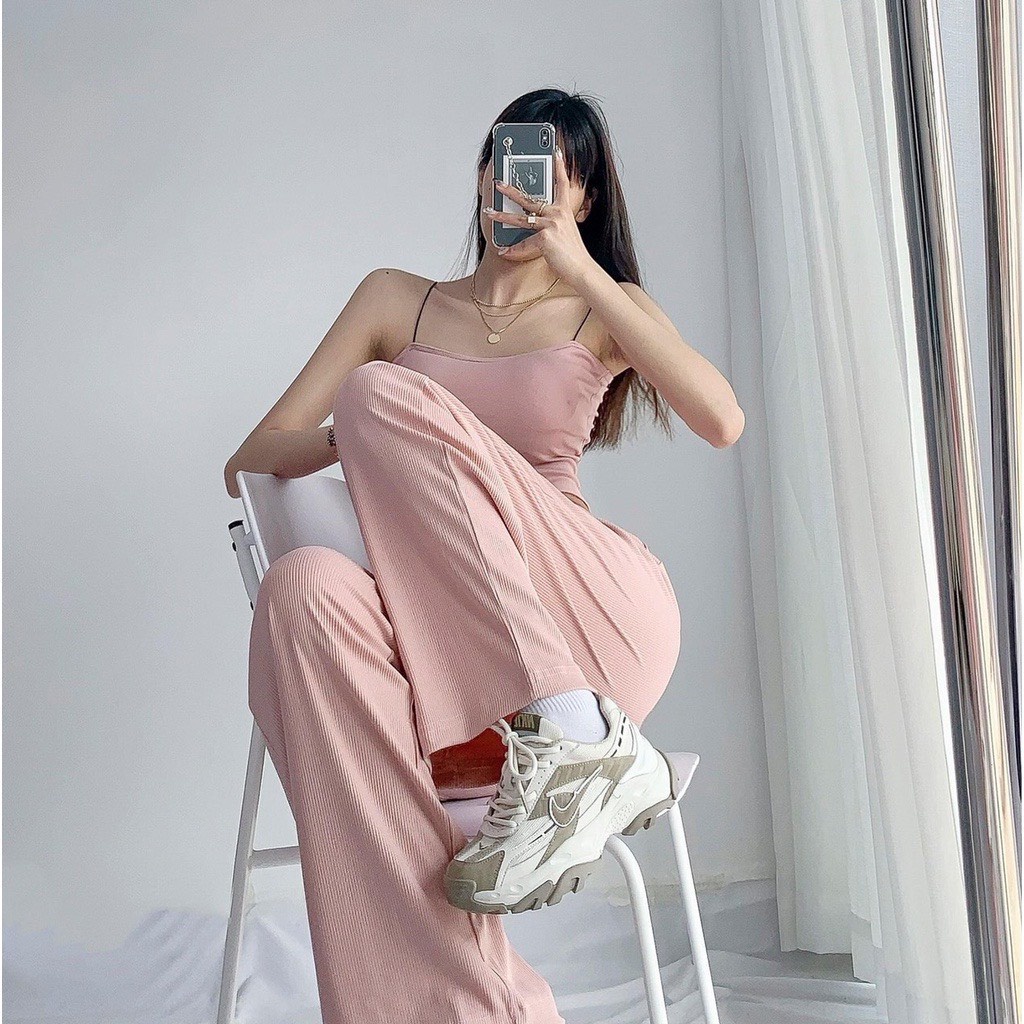 Quần ống rộng thun tăm dáng dài dây rút vải mát cạp chun kiểu Quần culottes ống suông len tăm thun gân mềm thể thao nhà
