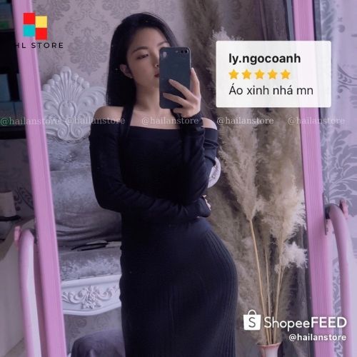 Áo trễ vai ❤️ Áo len mỏng dài tay kèm dây yếm dáng ôm sexxy co giãn phong cách Ulzzang