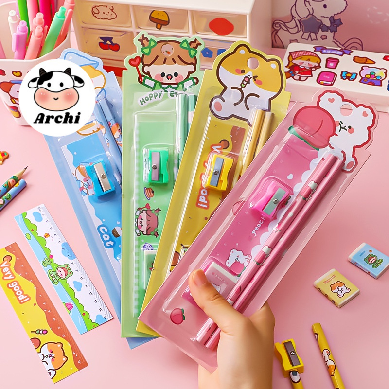 Bộ dụng cụ học tập 5 món gồm bút chì + tẩy + thước kẻ + gọt bút chì cho học sinh dễ thương
