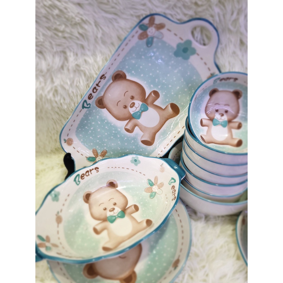 Bộ bát đĩa decor gốm sứ siêu đẹp Bộ gấu xanh siêu đẹp