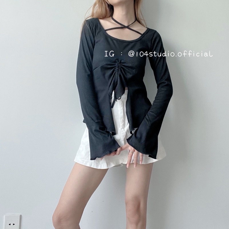 A889 Áo kiểu nữ dây rút tay dài xẻ vạt phong cách quyến rũ