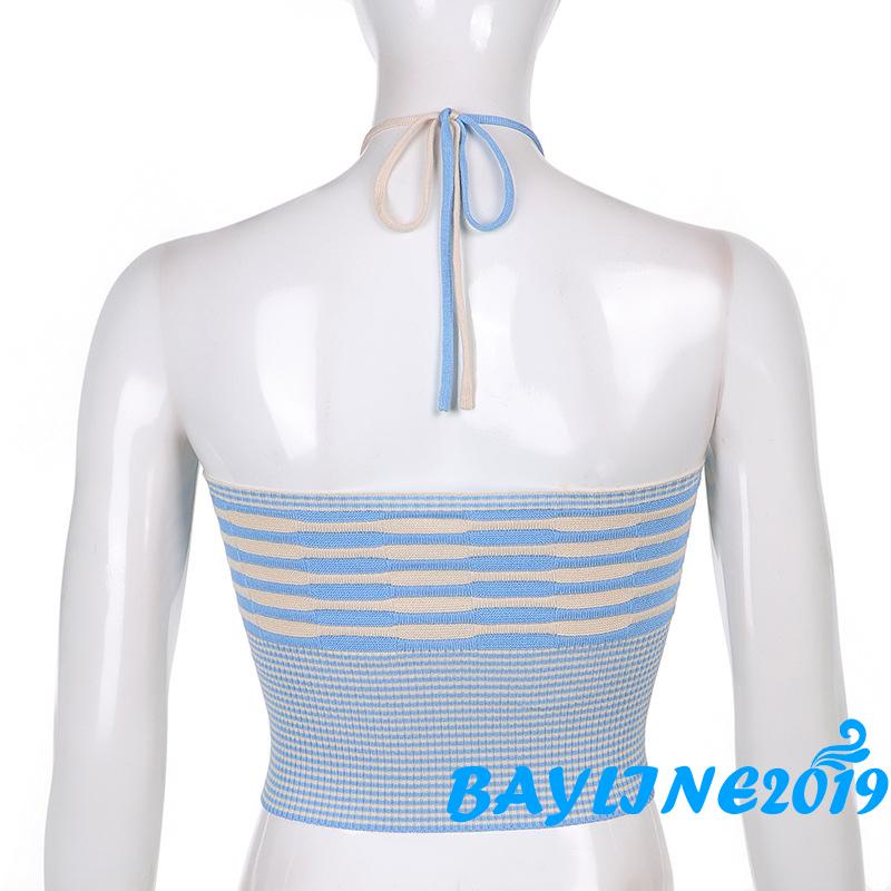 Bay-Women´s Halterneck Tank Tops, Sleeveless Stripe Printed Slim Fit Summer Knitted Tanks, One Size