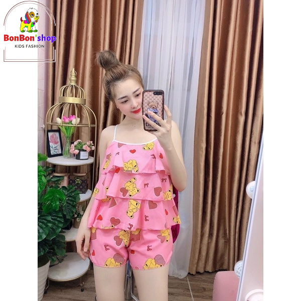Đồ BD06# Quần áo ngủ 2 dây sexy, Bộ Ngắn Phối Tầng Hai Dây Vải Voan Mềm Mát Siêu Xinh Freesize dưới 55kg