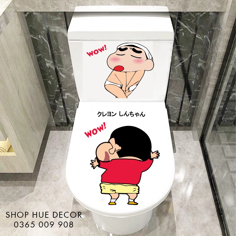 Miếng dán bồn cầu trang trí Shin Bút chì ngộ nghĩnh chất liệu decal siêu bền không thấm nước