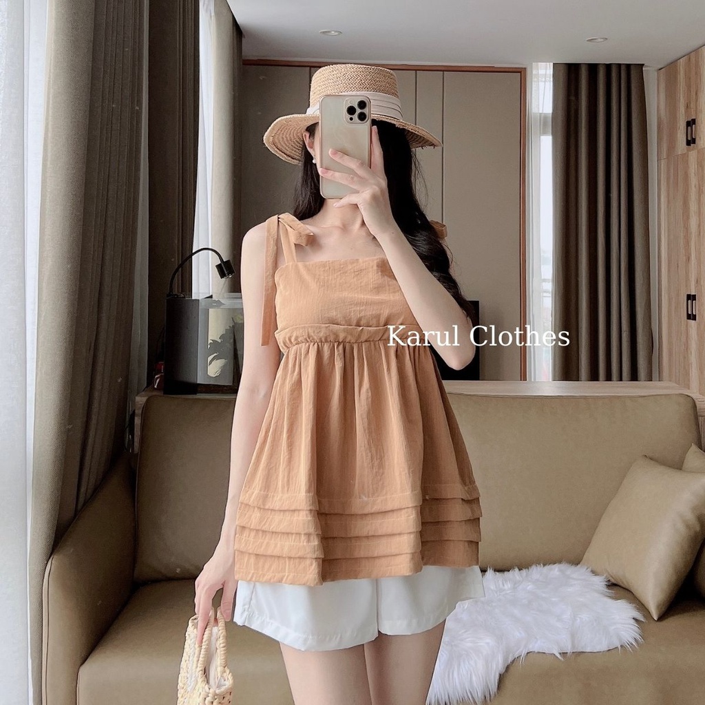 Set áo hai dây buộc nơ xốp trơn 4 màu cùng quần short trắng ngây thơ