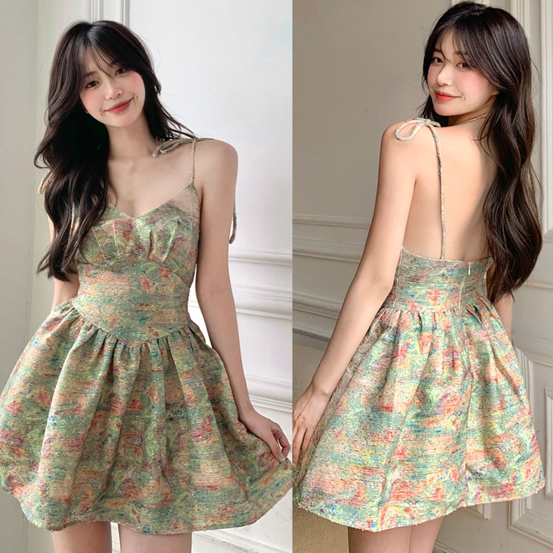 Đầm Hai Dây Dáng Chữ A Họa Tiết Màu Sơn Dầu Phong Cách Retro Độc Đáo