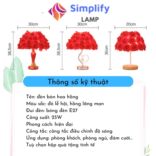 Đèn ngủ để bàn cao cấp hình bó hoa hồng điều chỉnh được độ sáng, làm quà tặng, trang trí phòng cưới – shop Simlify