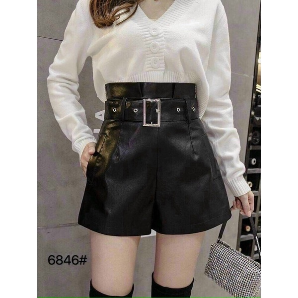 Quần short da phồng cạp cao kèm đai oze gs145
