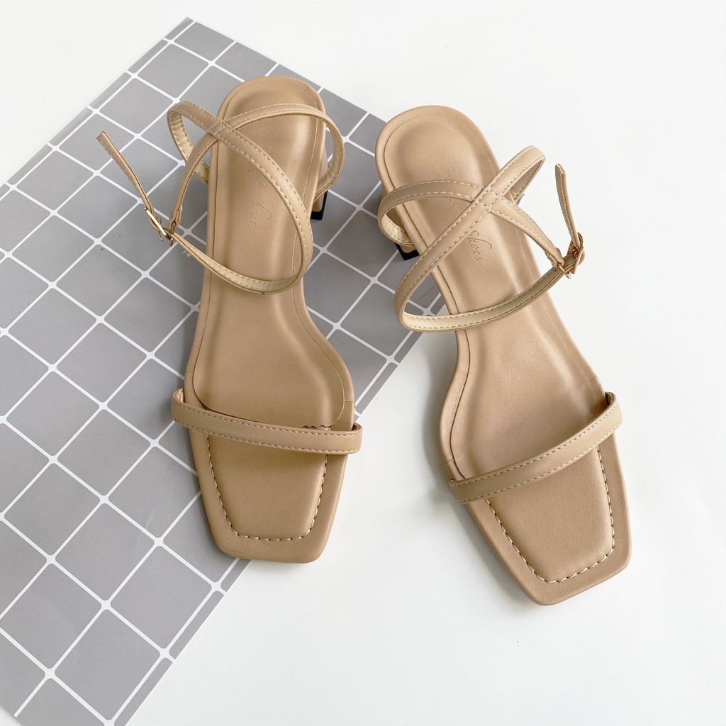 Sandal nữ cao 5 phân quai mảnh gót vuông bảng ngang may chỉ trang trí chính hãng HISHOO S026