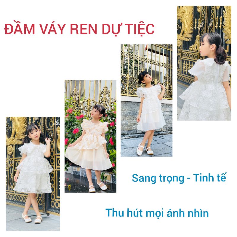 Đầm váy trắng bé gái voan phối ren tiểu thư cao cấp haivanco 10 đến 40 kg dễ thương mềm mại thoáng mát đi học đi chơ đẹp