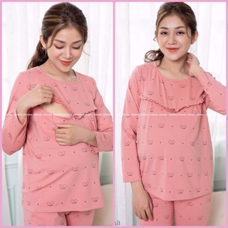 Bộ Đồ Bầu Sau Sinh Dài Tay Kéo Khoá Ngang Cotton Cho Con Bú Siêu Đẹp và Mát
