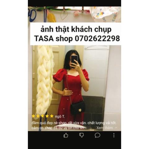 TBO- ảnh thật đầm xòe nữ tay phồng đính hạt cổ vuông tay ngắn họa tiết kết cườm tiểu thư màu đỏ mặcTết du xuân