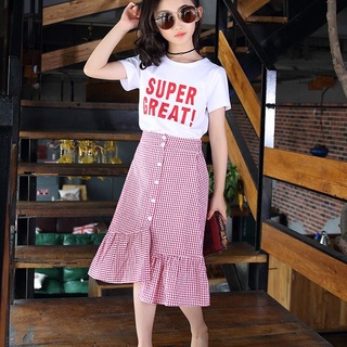 Set áo thun in chữ + chân váy caro cho bé gái 3-14 tuổi 110-160cm