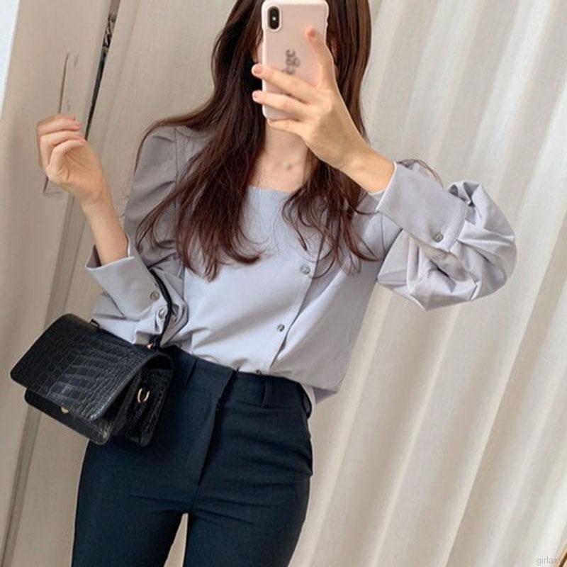Áo kiểu tay dài cổ vuông phong cách Hàn Quốc hợp thời trang cho nữ