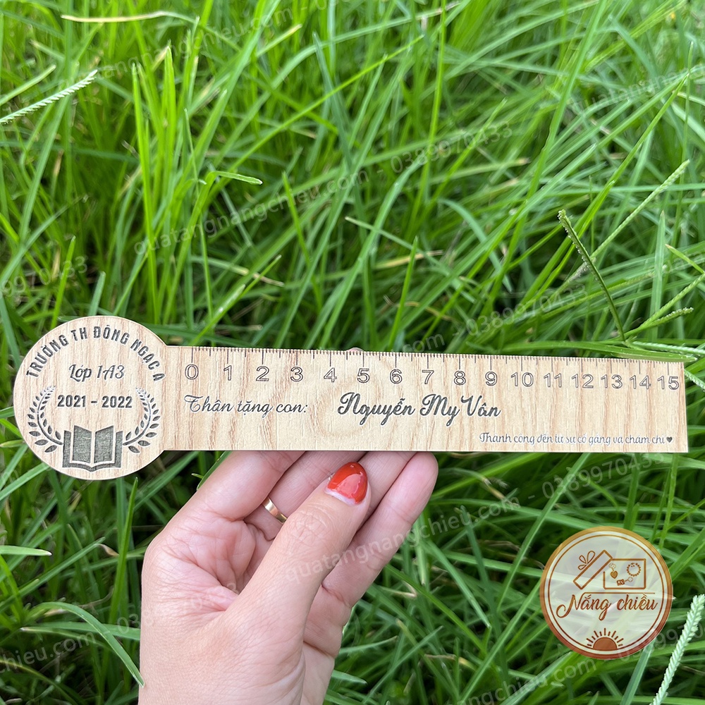 Thước gỗ khắc laser các hình ngẫu nhiên - Dụng cụ học tập khắc tên theo yêu cầu - Độ dài 15cm