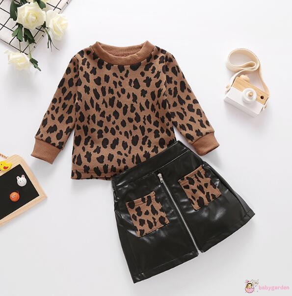 Áo Tay Dài Họa Tiết Da Báo Kèm Chân Váy Bó Đáng Yêu Cho Bé