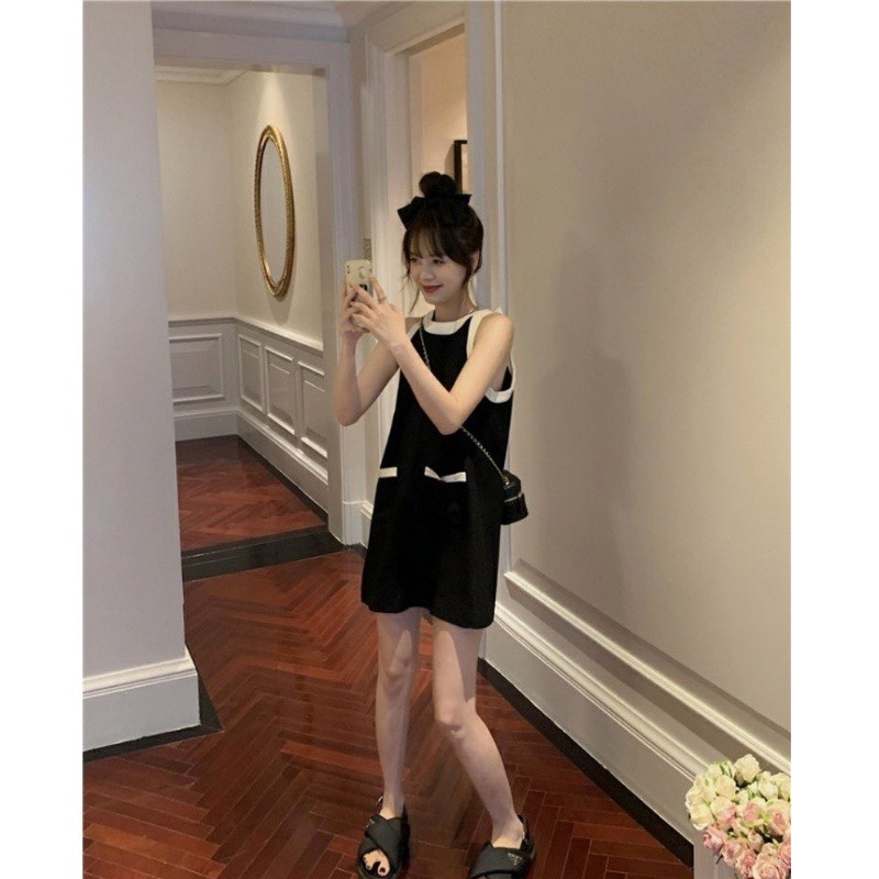 Đầm suông nữ phối túi viền nổi chất thun gân