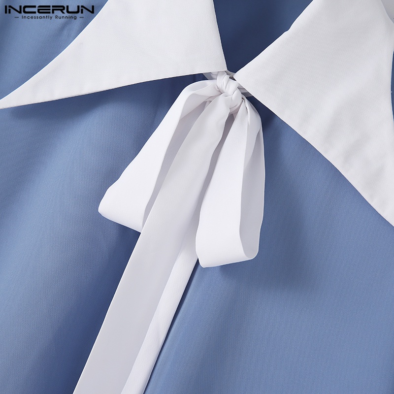 Áo sơ mi INCERUN ngắn tay phối màu retro cho nam