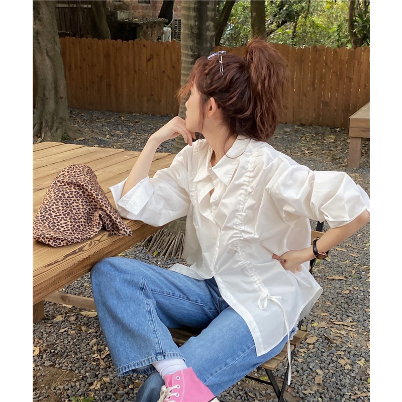 Áo Kiểu Tay Dài Dáng Rộng Phối Dây Rút Phong Cách Thời Trang Hàn Quốc Cho Nữ