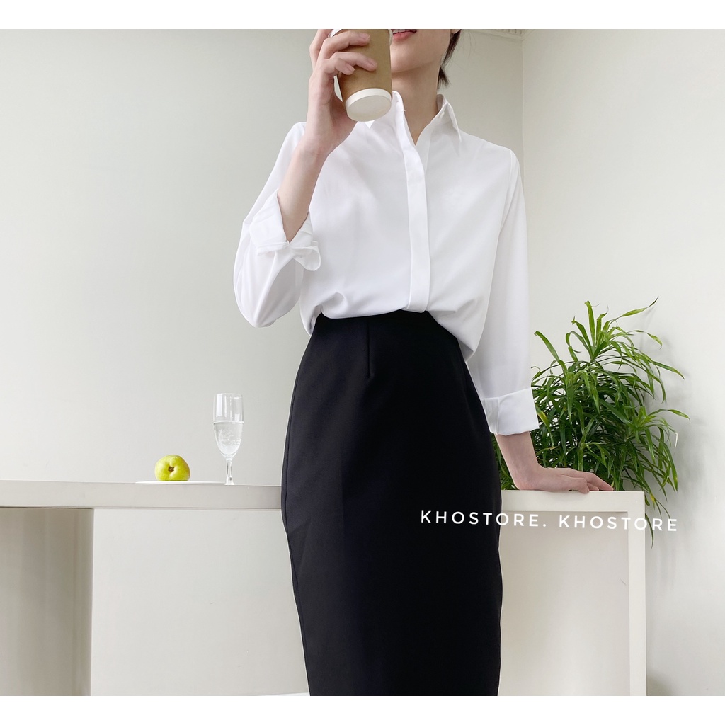Áo sơ mi công sở nữ đẹp form rộng kiểu giấu cúc màu trắng chất vải không nhăn dày dặn mặc đi làm