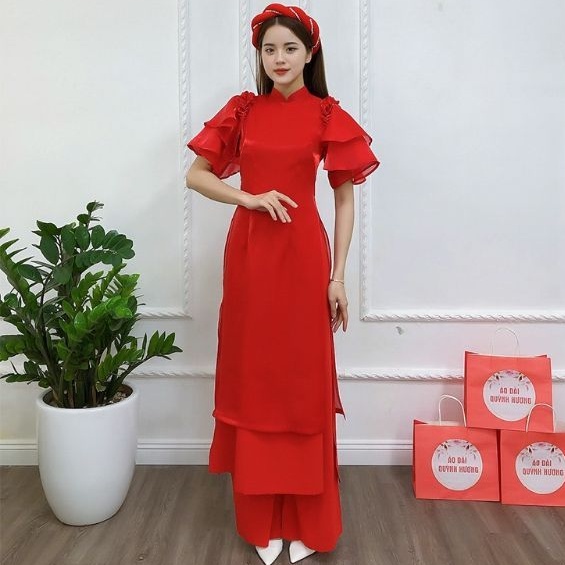 Áo Dài , Áo Dài Cách Tân cánh tiên màu đỏ tươi ★QA