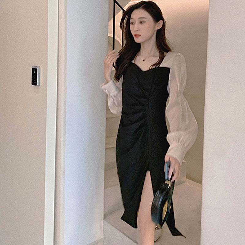 Đầm tay phồng cổ vuông ôm eo size lớn phong cách retro Pháp mới cho nữ