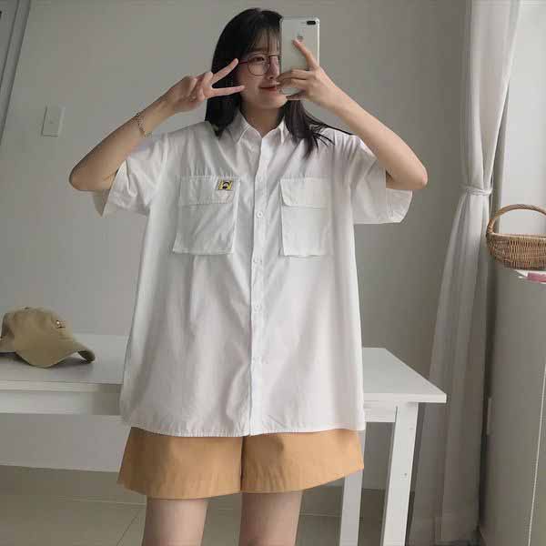 Áo Sơ Mi Nữ Tay Ngắn Form Rộng Sơ Mi Nữ Cổ Bẻ Túi Hộp Phong Cách Năng Động Cá Tính 3 Màu Đen Trắng Be HYKOS 10110