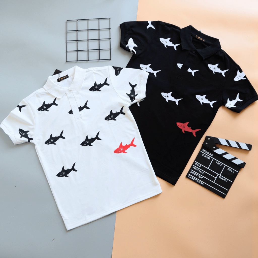 Áo Thun Nam Ngắn Tay Cổ Trụ Họa Tiết Cá Mập, Chất Cotton Mềm Mát Thấm Hút Mồ Hôi Tốt Thích Hợp Mọi Nơi [NEW UNISEX]