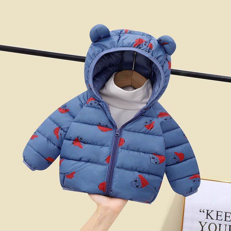 Áo khoác phao siêu nhẹ tai gấu họa tiết cho bé trai/bé gái