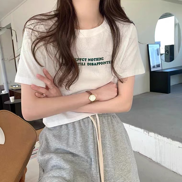 Áo croptop thun ngắn tay in chữ rộng rãi phong cách Hàn Quốc dành cho nữ
