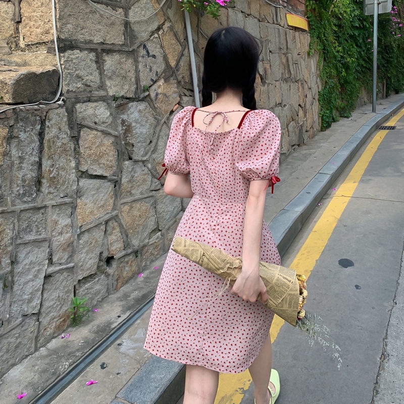 Đầm Hoa Cổ Vuông Thắt Nơ Phong Cách Nhật Bản Mới Dành Cho Nữ
