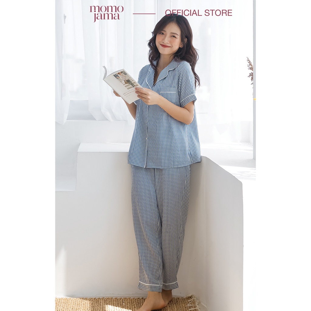 Bộ đồ mặc nhà Pijama MOMOJAMA áo cộc quần dài họa tiết kẻ caro trẻ trung - 3 màu M1921 | BigBuy360 - bigbuy360.vn