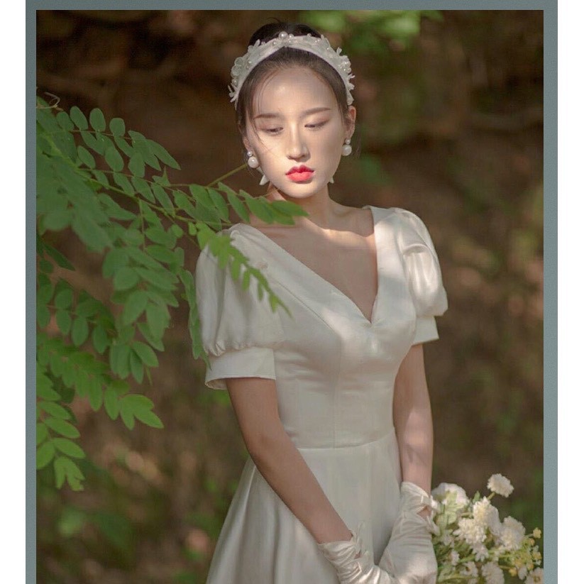 Đầm váy nữ công chúa tiểu thư dự tiệc dáng dài trắng cổ V sang chảnh ( Hình chụp thật)