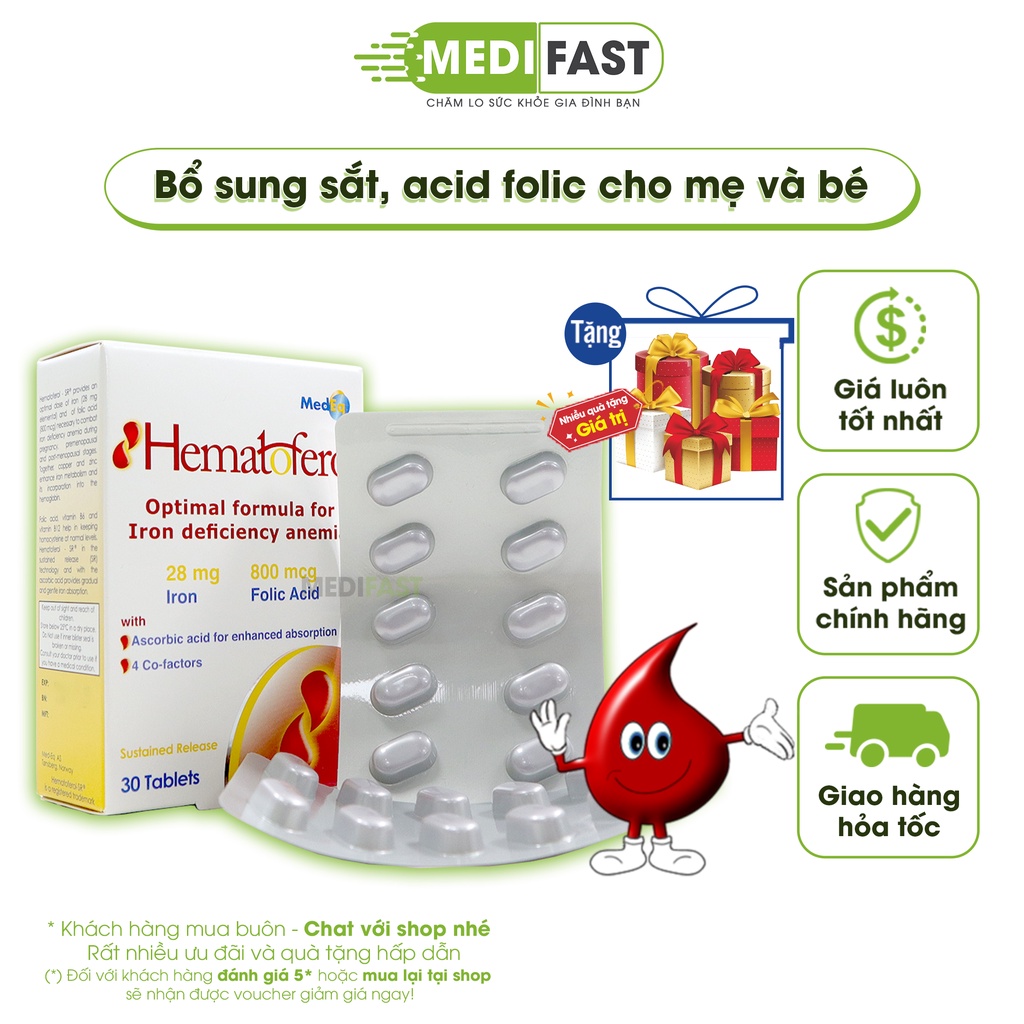 Bổ sung sắt hữu cơ Hematoferol, Vitamin B, acid folic cho cả mẹ và bé, giúp tái tạo hồng cầu Nhập khẩu Châu Âu - Hộp 30v