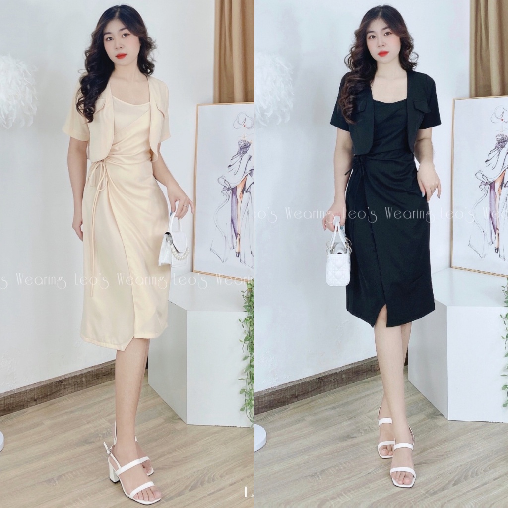 Set váy 2 dây thắt nơ eo mix áo khoác vest lửng LEOSWEARING L503 L504