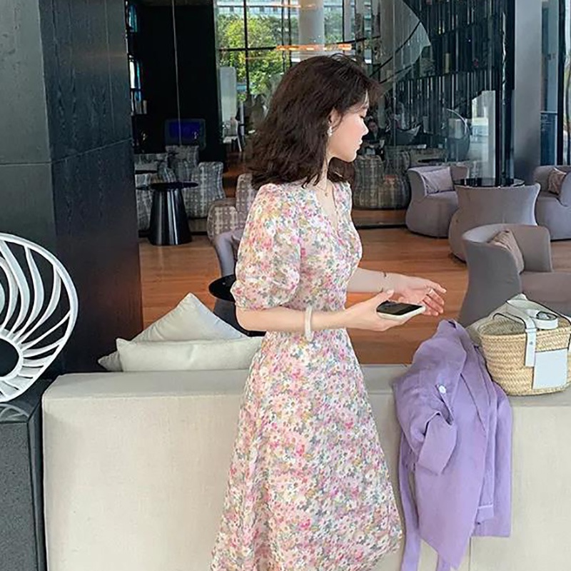 IELGY Đầm chiffon Dài Cổ Chữ V In Họa Tiết Tranh Sơn Dầu Phong Cách Hàn Quốc Thời Trang Mùa Hè Mới Cho Học Sinh