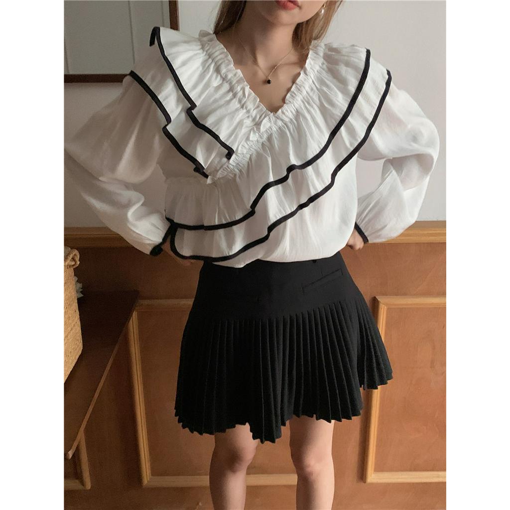 Áo Sơ Mi Cổ V Dài Tay Phối Bèo Nhún Màu Sắc Tương Phản Ngọt Ngào 629