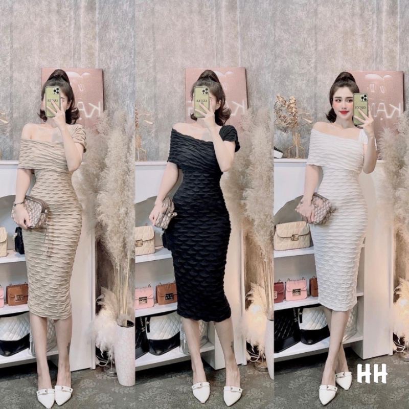 Đầm Dự Tiệc Ms. Đầm Thiết Kế Cổ Lệch, Trùm Vai, Chất Thun Vân, Dáng Maxi, Kèm Hình Thật