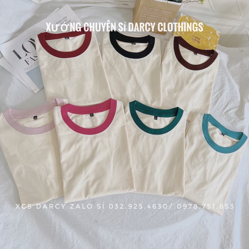 áo thun áo thun trơn MÀU KEM SỮA phối cổ màu nam nữ