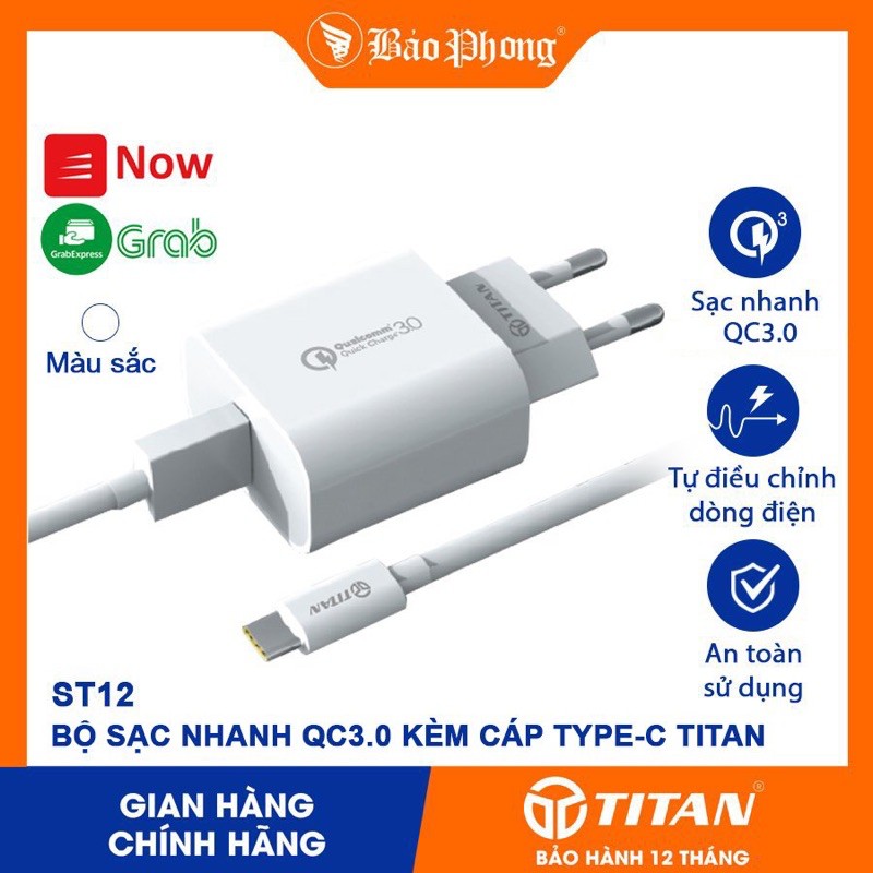 Bộ Củ Sạc Nhanh QC3.0 kèm dây cáp Type C TITAN ST12 cho Samsung Note 8 9 10 S8 S9 S10 cốc cóc Xiaomi xịn rẻ chính hãng