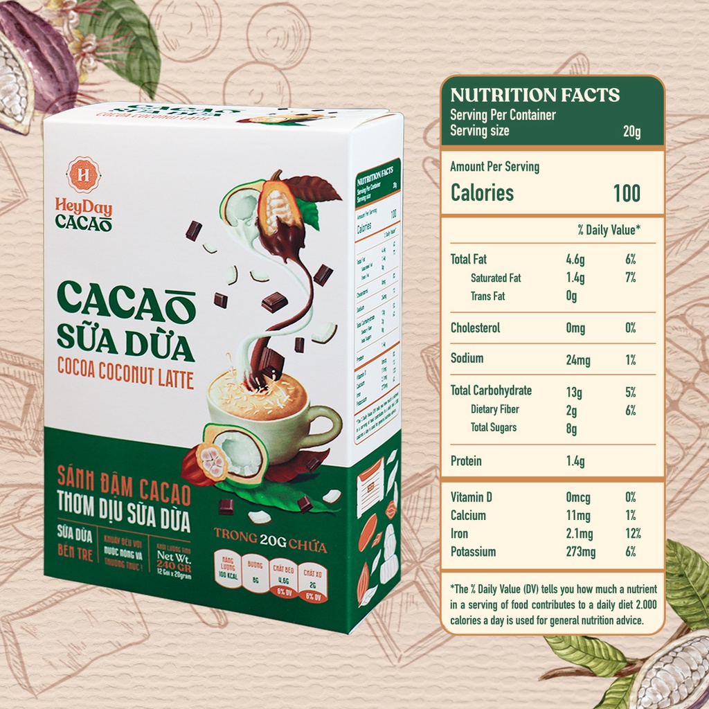 Bột Cacao Sữa Dừa Heyday - Hộp Giấy 12 Gói Tiện Lợi 20g - Bột cacao sữa dừa tự nhiên, thuần chay - Heyday Cacao