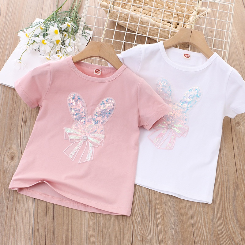 Áo Thun Tay Ngắn Cổ Tròn Chất Liệu 100% Cotton In Hoạ Tiết Thỏ Hoạt Hình Dành Cho Bé Gái 2022