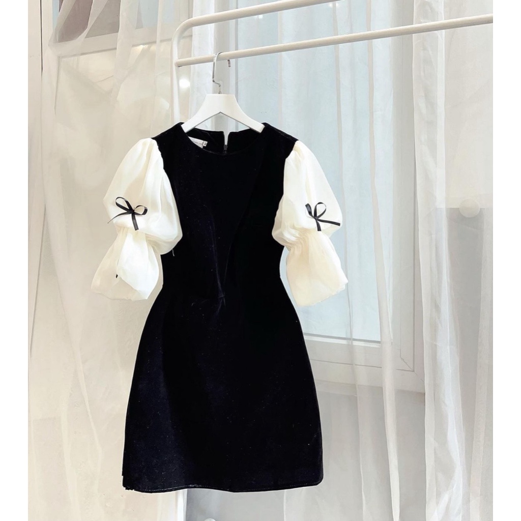 Váy tay bồng nơ phối nhung đen, Đầm nữ nhung ngắn Daski