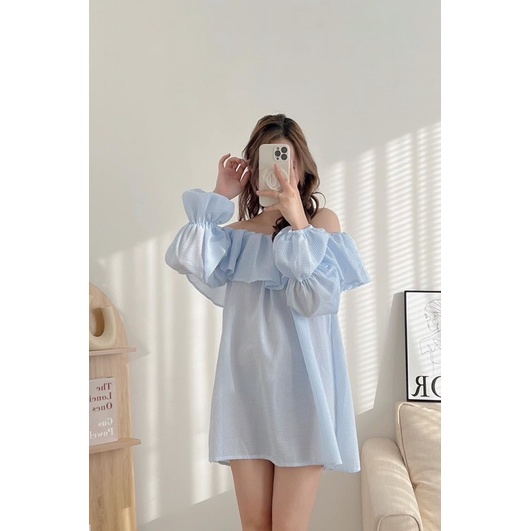 [Ảnh thật/Video]Áo trễ vai kẻ xanh thiết kế bồng bềnh đẹp nhẹ nhàng  Áo trễ vai chất xốp hàn quốc