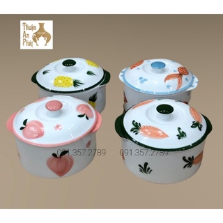 Thố hũ hai tai có nắp Bát decor trang trí thức ăn, đựng mỡ, đựng mẻ dung tích 600ml gốm sứ Bát Tràng
