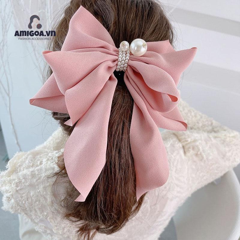 Kẹp Tóc Hình Nơ Đính Ngọc Trai Phong Cách Hàn Quốc Dễ Thương Cho Nữ