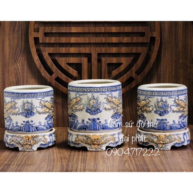 Bát hương men rạn, Lư hương, Đồ thờ men rạn gốm sứ Bát Tràng cao cấp họa tiết đắp nổi thủ công hình rồng tinh xảo