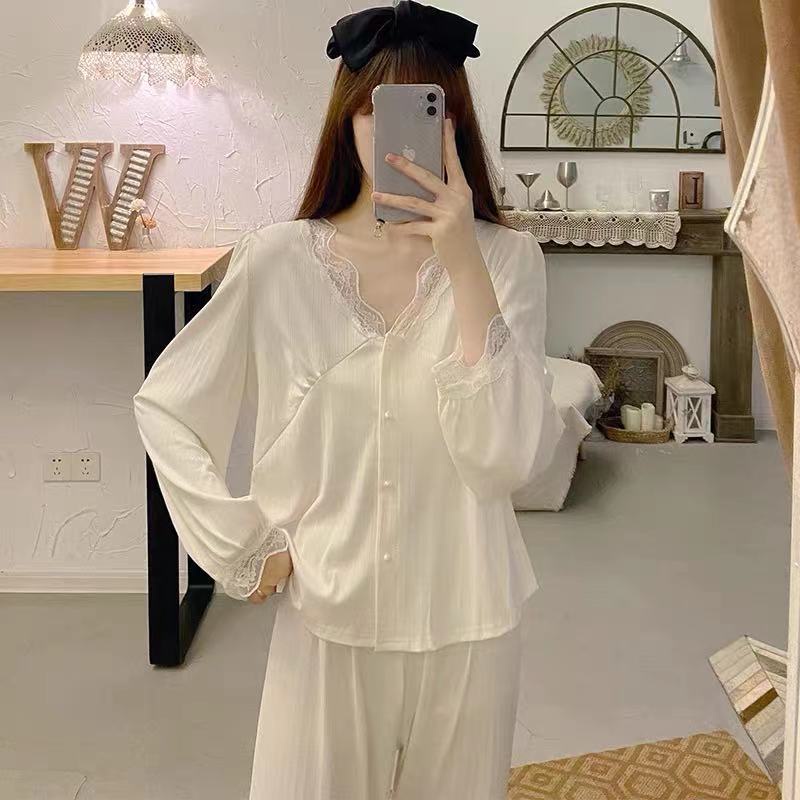 Bộ đồ ngủ tay dài phối ren phong cách thời trang xuân thu thiết kế mới dành cho nữ