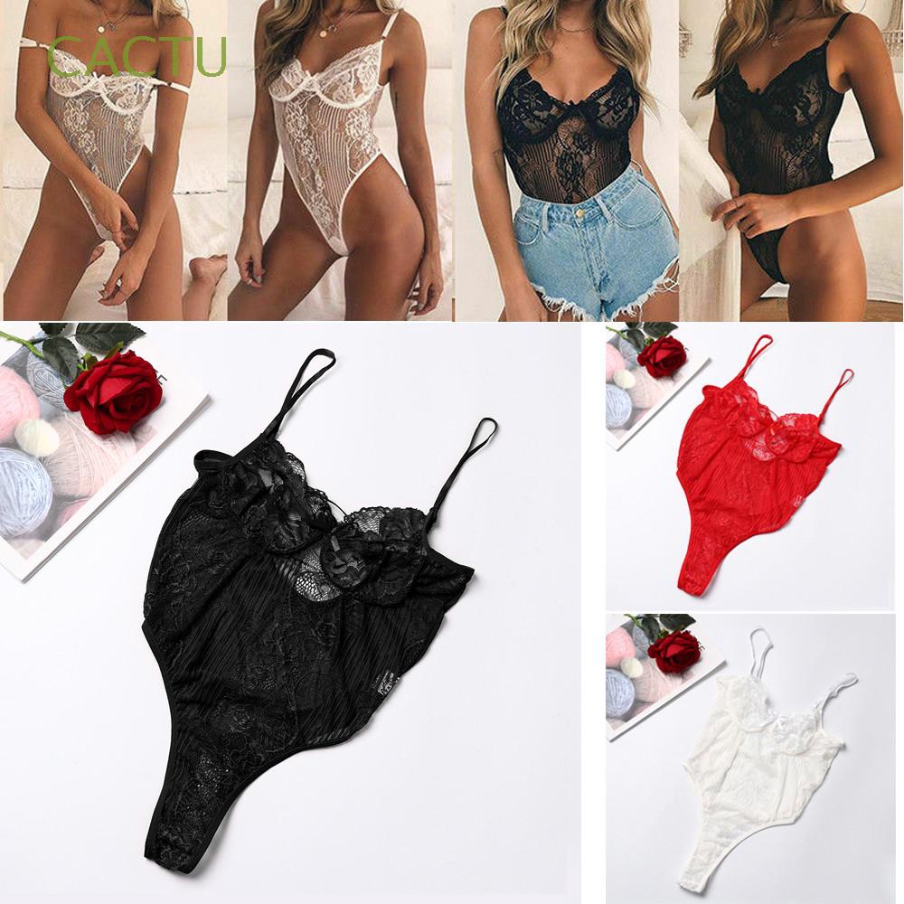 Đồ ngủ bodysuit 2 dây cổ chữ V phối ren gợi cảm cho nữ